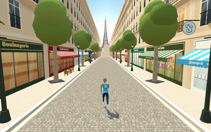 Sweep Runner : le coureur Sweep it dans une rue haussmannienne, face à la tour Eiffel