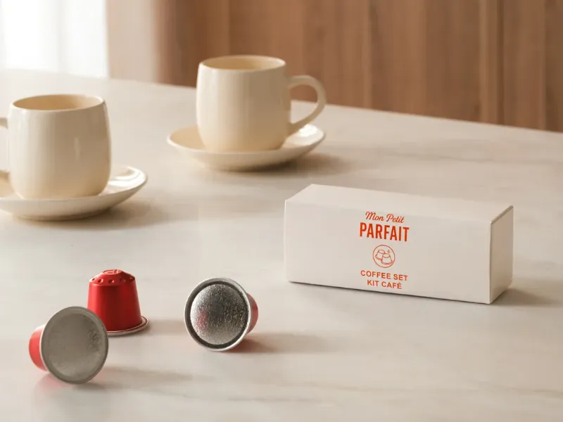 Boîte du kit café et capsules posées sur une table, à côté de deux tasses