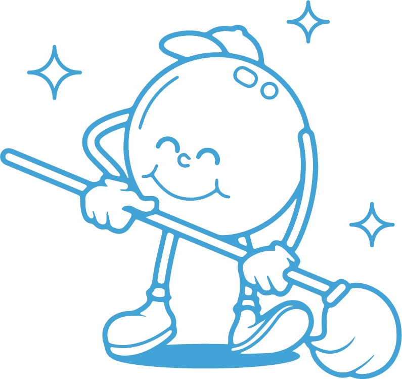 Mascotte Sweep it, entreprise de ménage à Paris, qui passe le balai